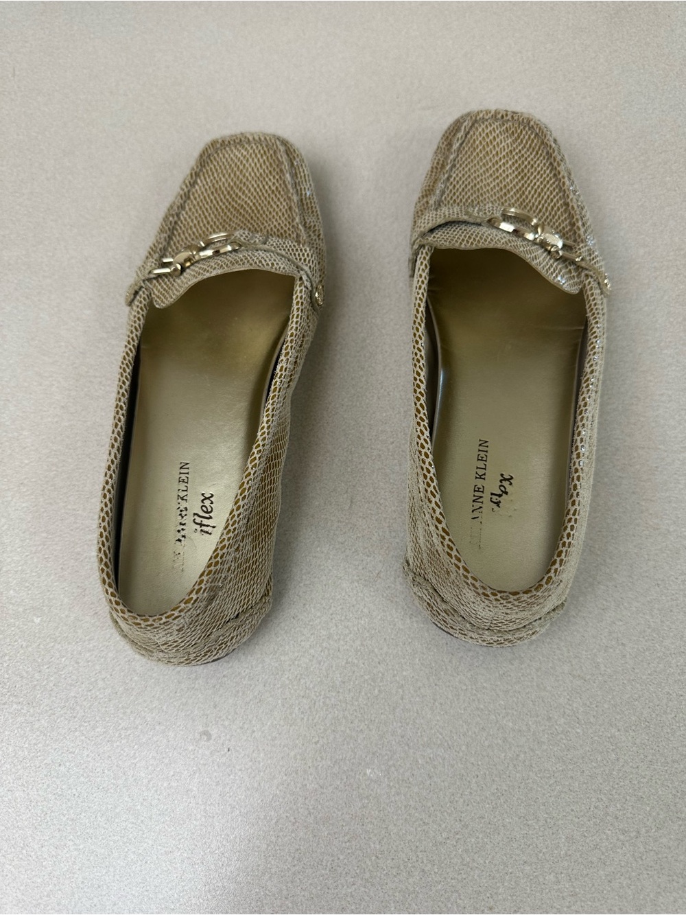 Anne Klein Women's Taupe Snake-Texture Loafers with Gold Chain